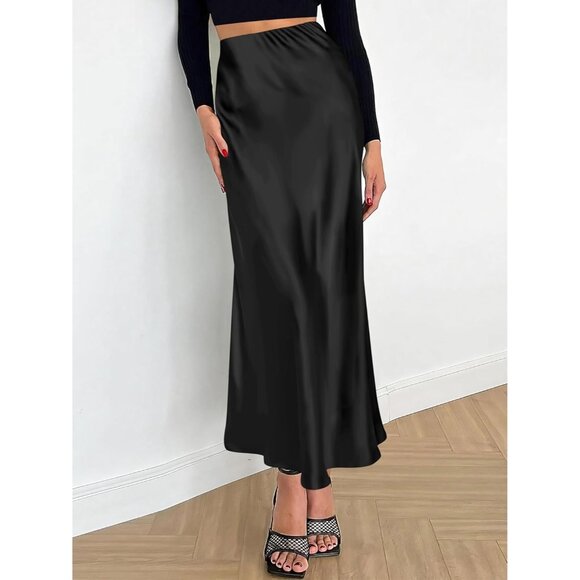Women Black Maxi Dressy Casual Zipped High Waisted Flowy Silk Elegant Long Skirt - Picture 4 of 7